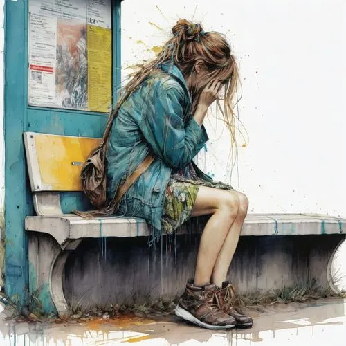 the girl at the station,donsky,street artist,depressed woman,girl sitting,vagrancy,Illustration,Paper based,Paper Based 13