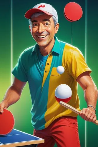 Cartoon style, logo character, Pong, yellow skin, big round eyes, smiling face, red hat, blue shirt with white sleeves, holding a ping-pong paddle, standing in front of a ping-pong table, green backgr