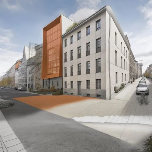 Nur Linien alle  Stilhäuser unverändert Konturen Nachbargebäude graues, Volumen Modell mitzogen orange schwarz Vordergrund, befahrene Straße mit Autos und Gehweg aus Pflasterstein ,boroughmuir,new hou