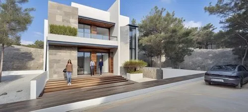 DISEÑO EXTERIOR DE UNA RESIDENCIA  ESTILO MINIMALISTA, CON MUROS CON CANTERA GRIS, EN COMBINACION CON MUROS DE COLOR BLANCO Y GRIS,VENTANAS DE ALUMNIO CON CRSITAL, PLANO CINEMATOGRAFICO, CORRECCION DE