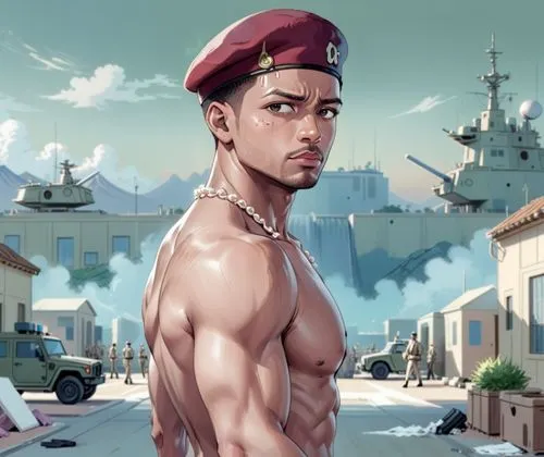 shirtless red Military   beret wearing charlie barnett,military  base, eye black under eye, change his pose,the cartoon of a man in an over - sized uniform has his shirt open and is looking to the lef