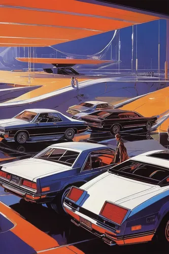 oldsmobile intrigue,futuristic landscape,car dealership,vanishing point,saturn s-series,futuristic art museum,crew cars,patrol cars,cars,pontiac grand prix,cadillac de ville series,gulf,futuristic car,80s,ford contour,buick lesabre,the style of the 80-ies,1980s,muscle car cartoon,oldsmobile toronado,Conceptual Art,Sci-Fi,Sci-Fi 23