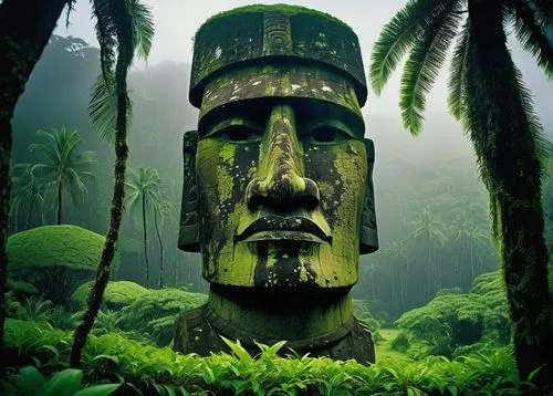 Moai statue, Easter Island, ancient temple, stone structure, intricate carvings, mysterious facial expression, worn patina, lush green surroundings, tropical plants, palm trees, misty atmosphere, dram