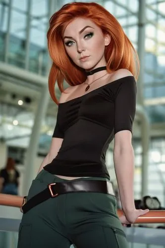 Kim possible, young red-haired woman, green eyes; black top and soft green pants;,Kim possible cosplay - beautiful redhead woman wearing green pants and posing,madelyne,shego,romanoff,Kim possible,Cos