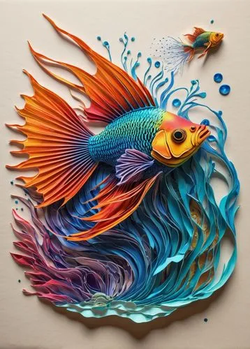 3d art,koi fish,fish in water,rainbowfish,fighting fish,paper art,Conceptual Art,Daily,Daily 01