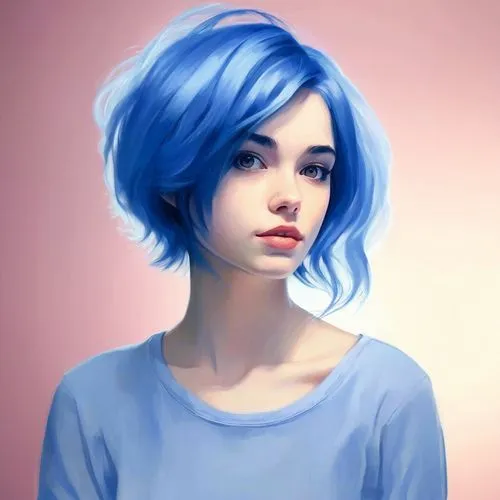 there is an image of a young lady with blue hair,digital painting,blue painting,azzurro,digital art,blu,bleu