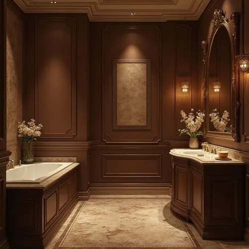 luxury bathroom,bath room,bathroom,beauty room,banyo,barrooms,dark cabinetry,washroom,luxury home interior,cabinetry,dark cabinets,kohler,vanities,luxe,lavatory,interior design,interior decoration,ornate room,bathtub,interior decor,Photography,General,Realistic