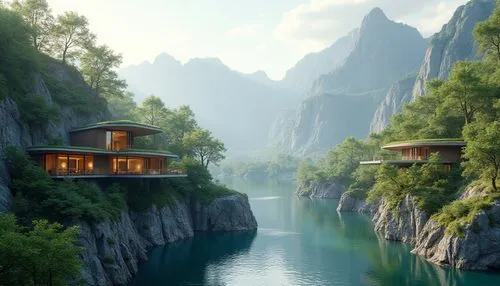 house in mountains,house in the mountains,shaoming,asian architecture,floating huts,amanresorts,lijiang,guilin,wudang,fantasy landscape,shangri,tigers nest,mountain huts,huashan,houseboats,teahouse,halong,yangtze,huanglong,hushan,Photography,General,Realistic