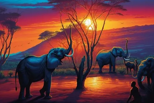 sunset at africa,cartoon elephants,elephants,elephant herd,african elephants,megafauna,serengeti,elephunk,zambezian,elephantmen,sauropods,tuskers,jumbos,prosauropods,pleistocene,pachyderms,safari,afri