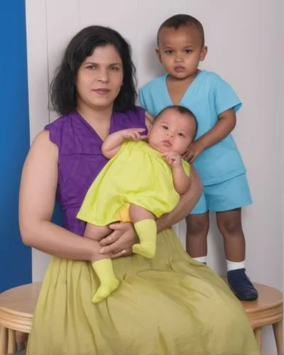 mama e hijos, mama panuelo en la cabeza morado vestido cuadriculado color morado, bebe bestido amarillo calsetinez amarillo niño camisa y short celeste zapatos negros,social,pictures of the children,y