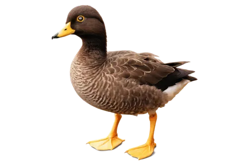 Quacking duck, solo, yellow beak, bright eyes, fluffy feathers, brown body, webbed feet, standing on one leg, morning sunlight, soft focus, shallow depth of field, warm color tone, ambient noise, mp3 