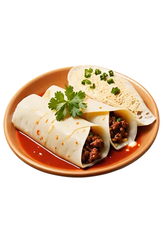 Mexican dish, enchilada, savory, wrapped tortilla, melted cheese, beef filling, red sauce, garnish with sour cream, cilantro, onions, steam rising, shallow depth of field, warm lighting, appetizing co