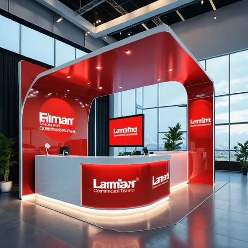 tradeshow Booth Size: 6mx15m, add LED wall screen, hanging lightbox header.
platform with lamination flooring, add  
information counter and logo Lightbox 3D logo.  theme color red and white, modern c