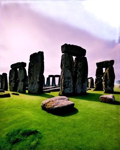 Ancient Stonehenge, daytime, sunny weather, blue sky, green grass, giant stones, mysterious atmosphere, 360-degree panoramic view, wide-angle lens, dramatic lighting, warm color tone, historic landmar