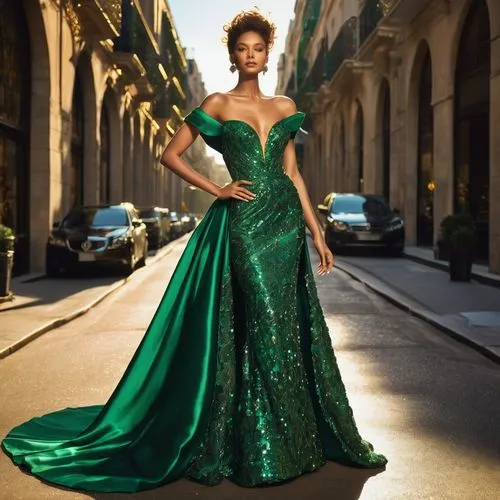 In the heart of a bustling metropolis, a stunning, refined woman stands tall in a vibrant emerald gown that accentuates her curves. Her skin is rich with shimmering gold, and shimmering reds, cascade 