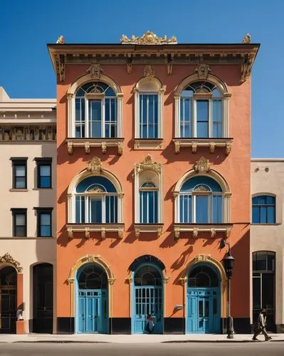 Postmodern building, Robert Venturi style, bold facade, broken pediments, playful mix of ornate and simplistic elements, vibrant colors, irregular shapes, asymmetrical composition, grand entrance, swe