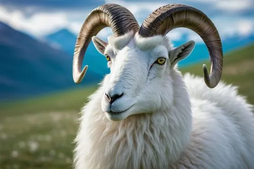 3D, dall sheep, standing, grassland, mountainous background, fluffy white fur, curved horns, gentle eyes, pink nose, green pasture, cloudy sky, warm sunlight, soft focus, cinematic composition, shallo