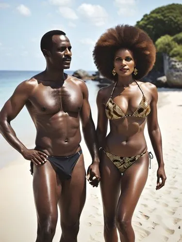 Outfit my honoured Prussian friend, Dame Colonel General Ficky-Louise von Manteuffel and husband, Jimmy from Africa, with a tight-fitting ladies' bikini.,a man and woman posing on the beach,black coup