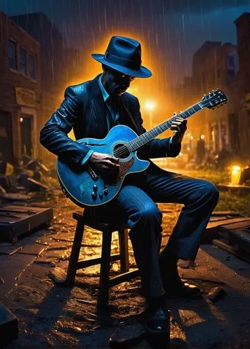 A portrait of a delta blues guitarist, sitting on a wobbly stool with one leg crossed over the other. The guitarist, wearing a worn hat that partially obscures his face, plays a vintage classic guitar