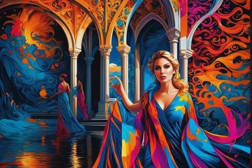 fantasy art,fantasy picture,oil painting on canvas,psychedelic art,sorceress,art painting,fractals art,3d fantasy,mirror of souls,priestess,glass painting,the blonde in the river,oil painting,fantasia,boho art,orange robes,fantasy woman,sacred art,girl in a long dress,italian painter,Photography,General,Realistic