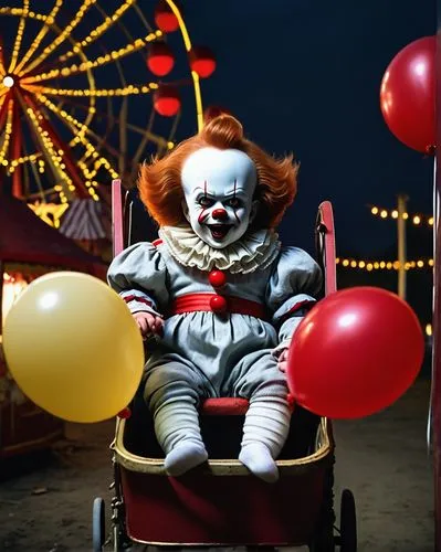 Baby Pennywise, creepy infant, demonic entity, glowing red eyes, pale skin, curly brown hair, white Onesie with a red balloon, sitting in a worn-out stroller, abandoned carnival, creepy Ferris wheel, 