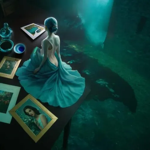 blue enchantress,blue room,fairytales,mystical portrait of a girl,mirror of souls,fantasy picture,water nymph,alice in wonderland,magic mirror,fairy peacock,divination,enchanted,the enchantress,girl w