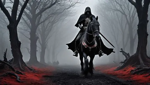 scythe,horseman,black horse,grimm reaper,huntress,the witch,the wanderer,bronze horseman,dance of death,red riding hood,grim reaper,horseback,lone warrior,blood hound,dark art,blackmetal,dark elf,reaper,hooded man,gothic woman,Illustration,Abstract Fantasy,Abstract Fantasy 07