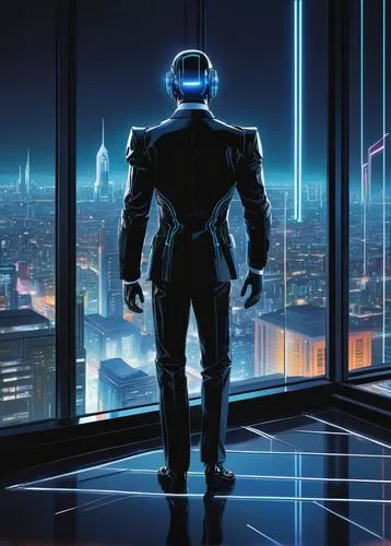 Vore AI, futuristic laboratory, sci-fi setting, robotic body, glowing blue circuits, metallic limbs, advanced artificial intelligence, holographic display, sleek black suit, tie, white shirt, shiny sh