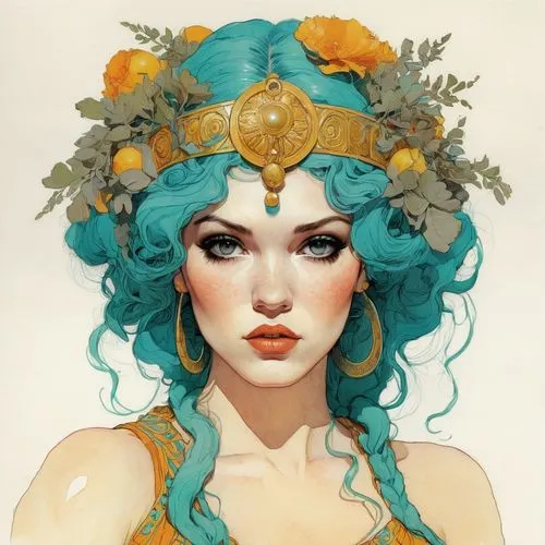 summer crown,laurel wreath,spring crown,girl in a wreath,golden wreath,medusa,fantasy portrait,flower crown,dryad,elven flower,flora,headpiece,golden crown,blooming wreath,gold crown,floral wreath,headdress,flower hat,flower fairy,faerie,Illustration,Paper based,Paper Based 19