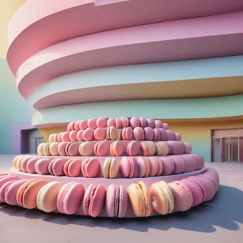 theater building where the seating and exterior facade mimic layers of macarons, with different sections featuring pastel colors. The rounded shapes and smooth surfaces resemble the curves of the swee