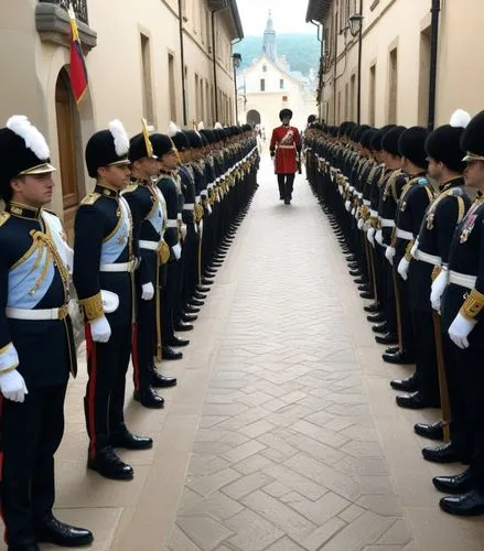 Haie d’honneur du nouveau Prince des Gaules  
,a group of men standing next to each other in uniform,carabinieri,swiss guard,carabiniere,risorgimento,militari,miniato