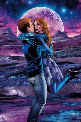 an illustration of a man emcing a woman,holton,romantic scene,honeymoon,ermione,twiliight,moonwalker,Illustration,American Style,American Style 03