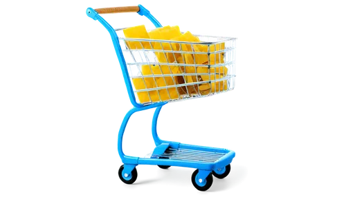 Shopping cart, transparent wheels, metal frame, basket with wooden slats, some goods inside, soft shadow, indirect light, 3/4 composition, shallow depth of field, pastel color tone, warm ambient light