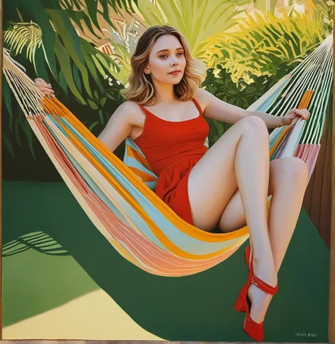 A young woman sit down in a hammock. She resembles to Elizabeth Olsen. Her style is 1950s and she is very happy. The Background is a backyard. Realistic Detailed.,ann margarett-hollywood,deckchair,bea