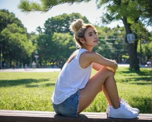 in the park,on the grass,girl in t-shirt,park bench,girl sitting,rhea,tan,bench,crouching,lycia,tennis skirt,blonde girl,park,squatting,adidas,female model,rigó jancsi,greta oto,bylina,sofia,Illustration,Japanese style,Japanese Style 18