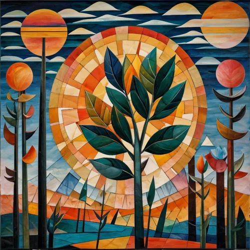 indigenous painting,tangerine tree,orange tree,spring equinox,carol colman,3-fold sun,david bates,flourishing tree,khokhloma painting,forest landscape,summer solstice,autumn icon,pachamama,fruit fields,celtic tree,mother earth,tree torch,aboriginal painting,growth icon,fruit tree