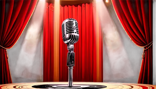 Vintage microphone, retro speaker, colorful circus balls, red curtains, golden spotlight, excited audience, 3D rendering, low-angle shot, warm lighting, nostalgic atmosphere, vinyl record texture, orn