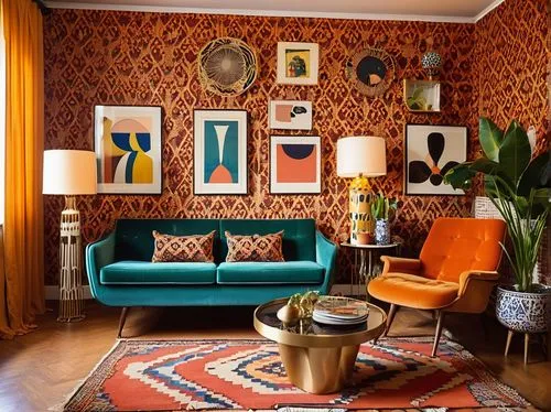 mahdavi,mid century modern,sitting room,interior decor,moroccan pattern,mid century,bohemian art,danish room,interior decoration,livingroom,contemporary decor,home interior,modern decor,maximalism,decor,living room,furnishings,midcentury,interior design,apartment lounge,Illustration,Paper based,Paper Based 12