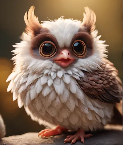 Close-up 16k photorealistic masterpiece of an impossibly cute hybrid creature: a mogwai with the fluffy body and wings of a baby bird. Its massive eyes sparkle with innocence, and its tiny beak is sli