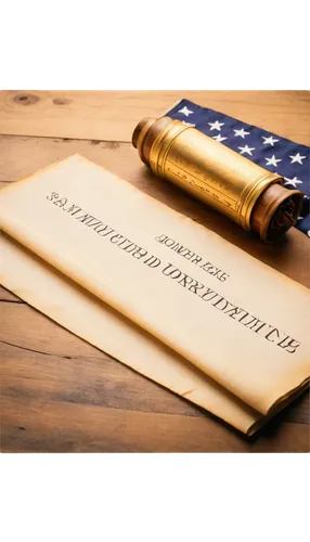 10 scrolls, historical documents, parchment texture, golden seals, quill pen lying nearby, American flag waving in background, wooden desk, soft lighting, shallow depth of field, cinematic composition