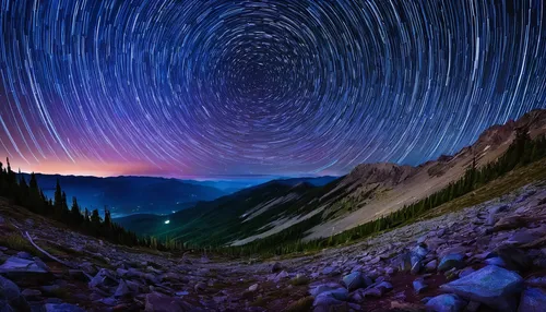 Star trails over Dip Top Gap,star trails,360 ° panorama,star trail,360 °,colorful stars,starscape,long exposure,vortex,the milky way,colorful star scatters,long exposure light,borealis,north star,imme