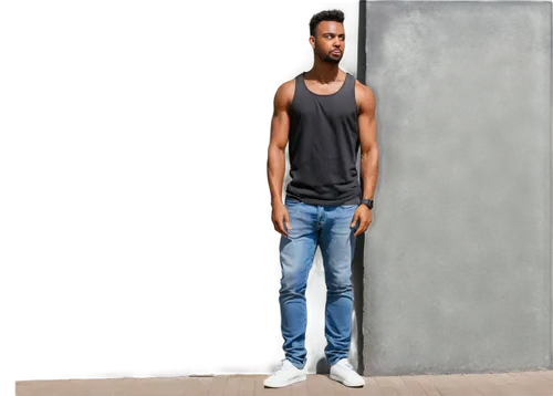 muscular man, black skin, athletic build, short black hair, strong facial features, beard, mustache, casual wear, white tank top, blue denim jeans, sneakers, hands in pocket, leaning against wall, urb