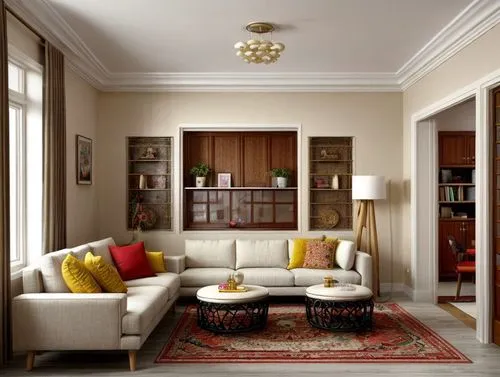  interior design of living room in the style of ethnic home decor, minimalistic interior, cream colored walls with warm red and yellow details, a small round coffee table near the sofa and armchair, a