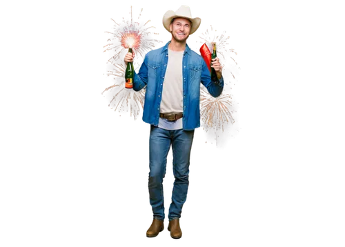 Texas cowboy, happy new year, solo, (30yo), smiling face, bright blue eyes, short brown hair, white cowboy hat, leather boots, denim jeans, plaid shirt, holding champagne bottle, fireworks in backgrou