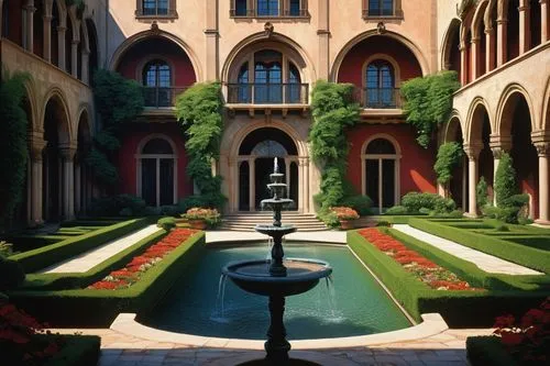 French Renaissance Palace, grandiose, luxurious, intricate stone carvings, ornate facades, tall arched windows, balconies with iron railings, red-tiled roofs, symmetrical composition, central fountain