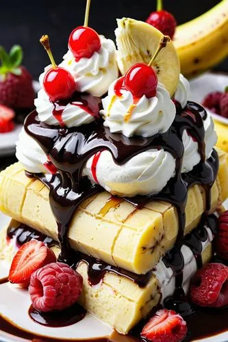 banana split dessert,waffle ice cream,pancake cake,crepes,viennese waffles,cream slices,crepe,belgian waffle,ice cream cake with chocolate sauce,waffles,egg waffles,liege waffle,shortcake,waffle,cream