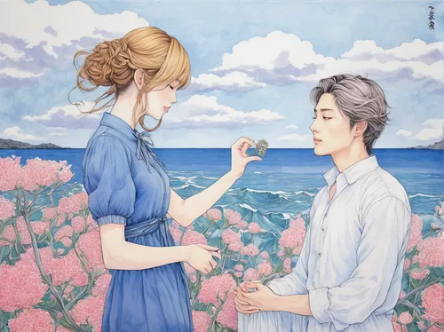 young couple,honeymoon,blue moon rose,everlasting flowers,takato cherry blossoms,sea-lavender,boy and girl,blue rose,romantic portrait,love letter,idyll,blooming field,sea beach-marigold,blue sea,flower garden,tobacco the last starry sky,blue hydrangea,romantic scene,sea breeze,tuberose,Illustration,Japanese style,Japanese Style 18