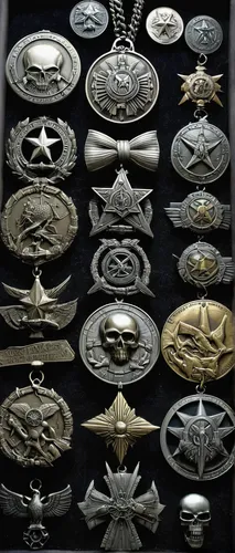 WW II Military Medals.jpg,medals,ammunition belt,french military graveyard,grave jewelry,the order of the fields,belt buckle,mod ornaments,silver pieces,military rank,catalog,ornaments,ammunition,trin