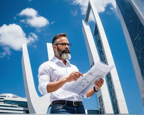 Architect, male, mature, 40s, beard, glasses, white shirt, dark jeans, boots, holding a blueprint, standing in front of a modern building, skyscraper, cityscape, sunny day, clear blue sky, few white c