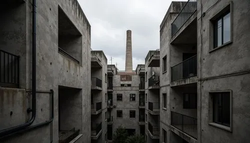 Exposed concrete walls, rugged textures, industrial pipes, raw steel beams, minimalist balconies, brutalist architecture, urban cityscape, gloomy overcast sky, dramatic shadows, high-contrast lighting